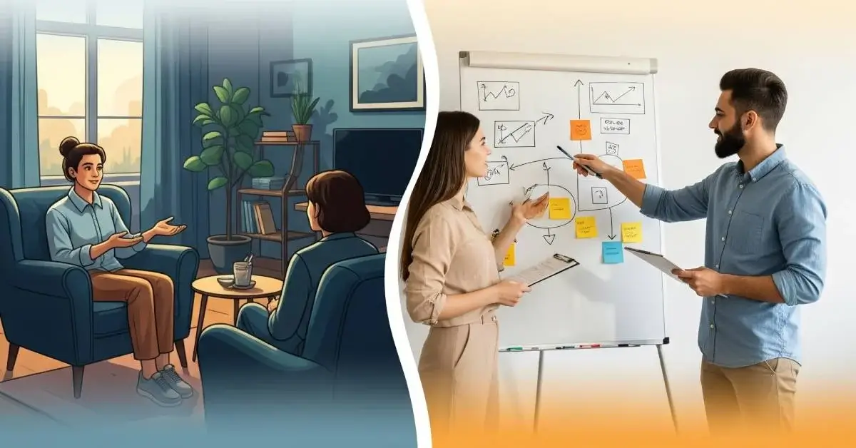 man and woman in a meeting discussing the difference between counselling and coaching.